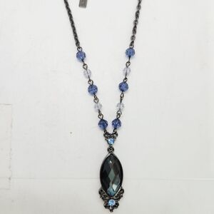 Vtg 1928 Victorian Revival Y Necklace Gunmetal Blue Crystal Pendant Goth Fairy